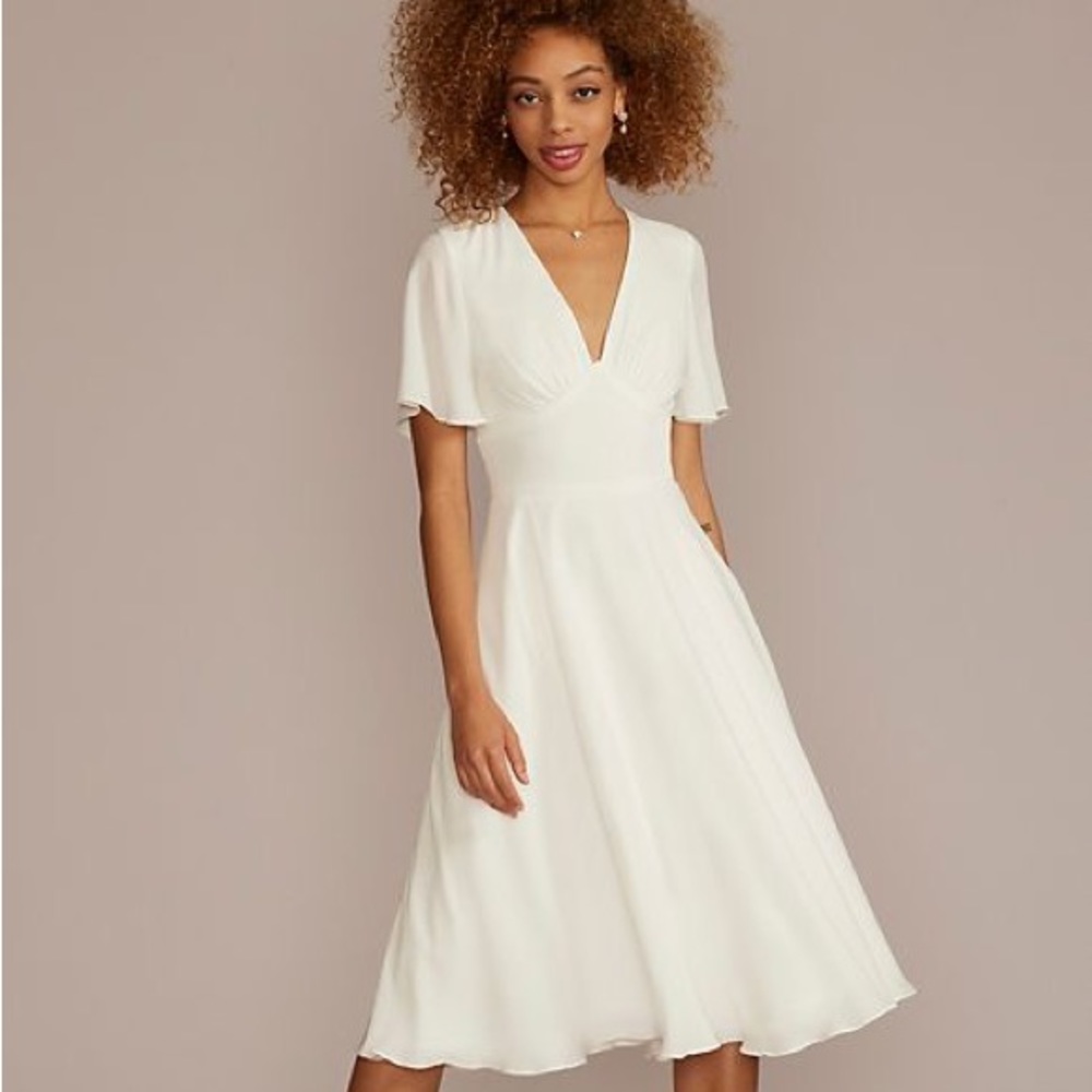 David’s Bridal Chiffon Flutter Sleeve Midi Length Dress